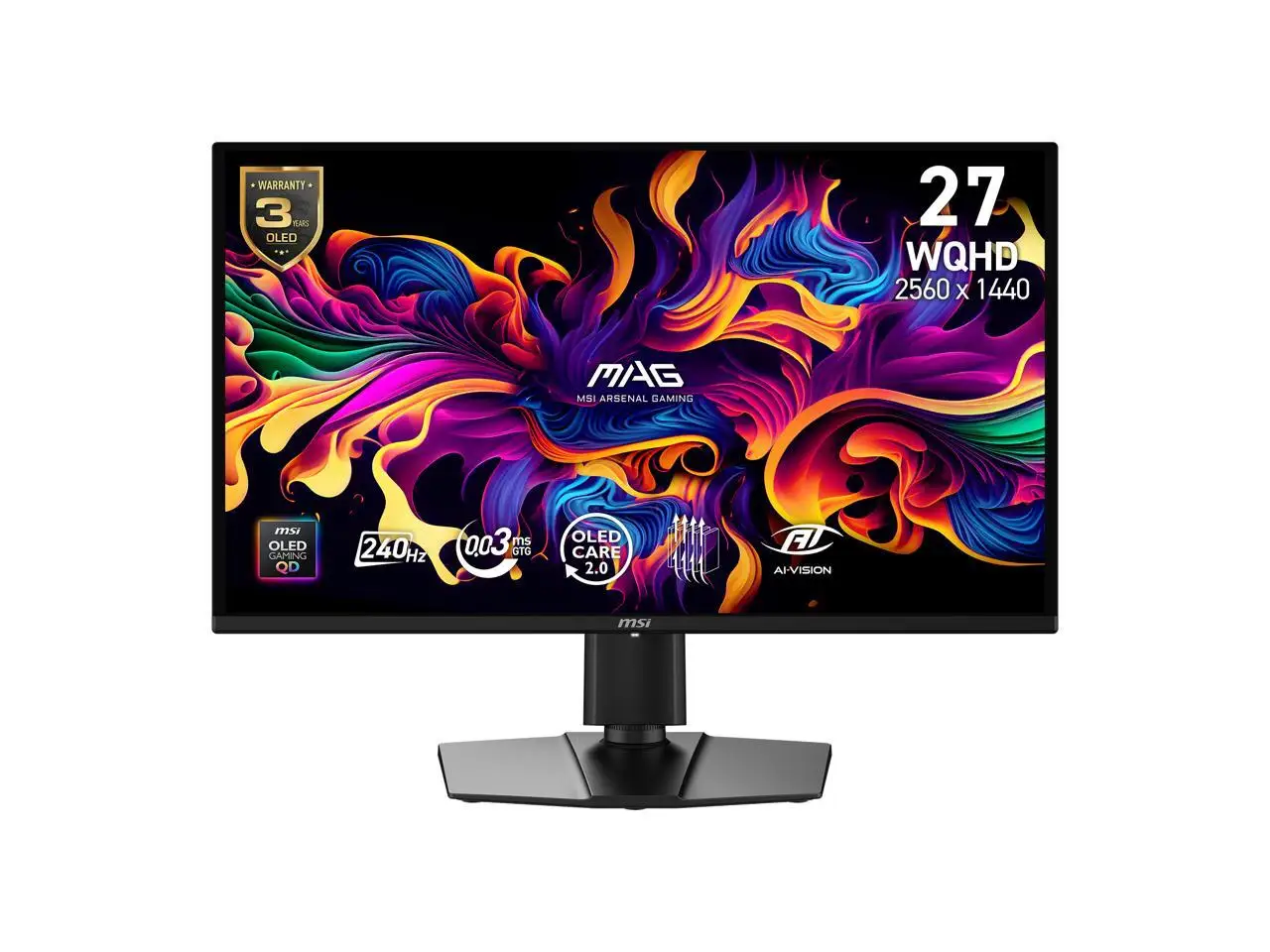 MSI 27 inch QHD 2K 1440P 240Hz AMD FreeSync Premium Pro & G-Sync Compatible 0.03ms OLED Gaming Computer Monitor with Height Adjustable, Pivot, Swivel & Tilt stand MAG 274QP QD-OLED X24