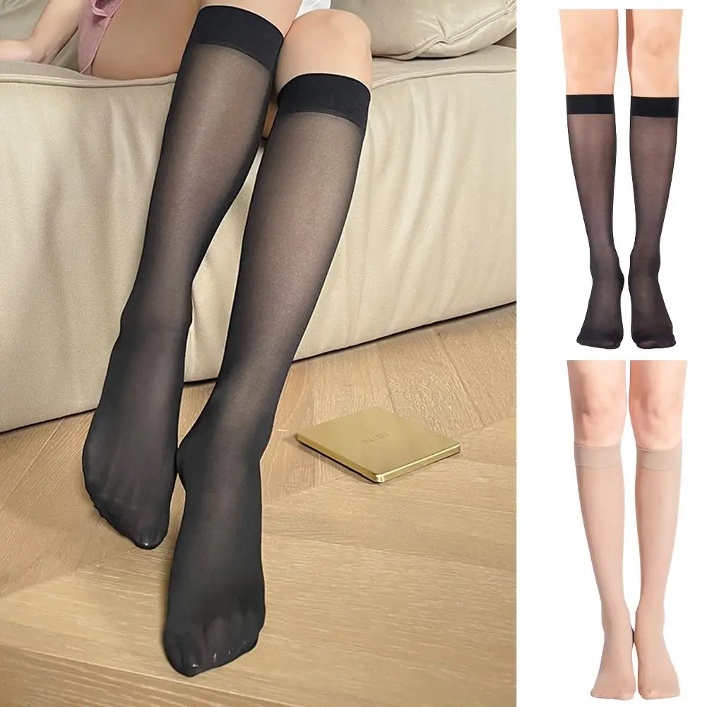 1 Pair Sexy Ultra-Thin Silky Socks Mid-Calf Stockings Transparent Oil Black Ladies Elastic Stocking For Women Girls V3K5