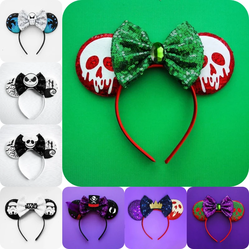 Disney Cute Mickey Mouse Ears Headband Women Skeleton Sequins Bow Hairbands Girl Easter Ghost Hair Accessories Kids Friends Gift