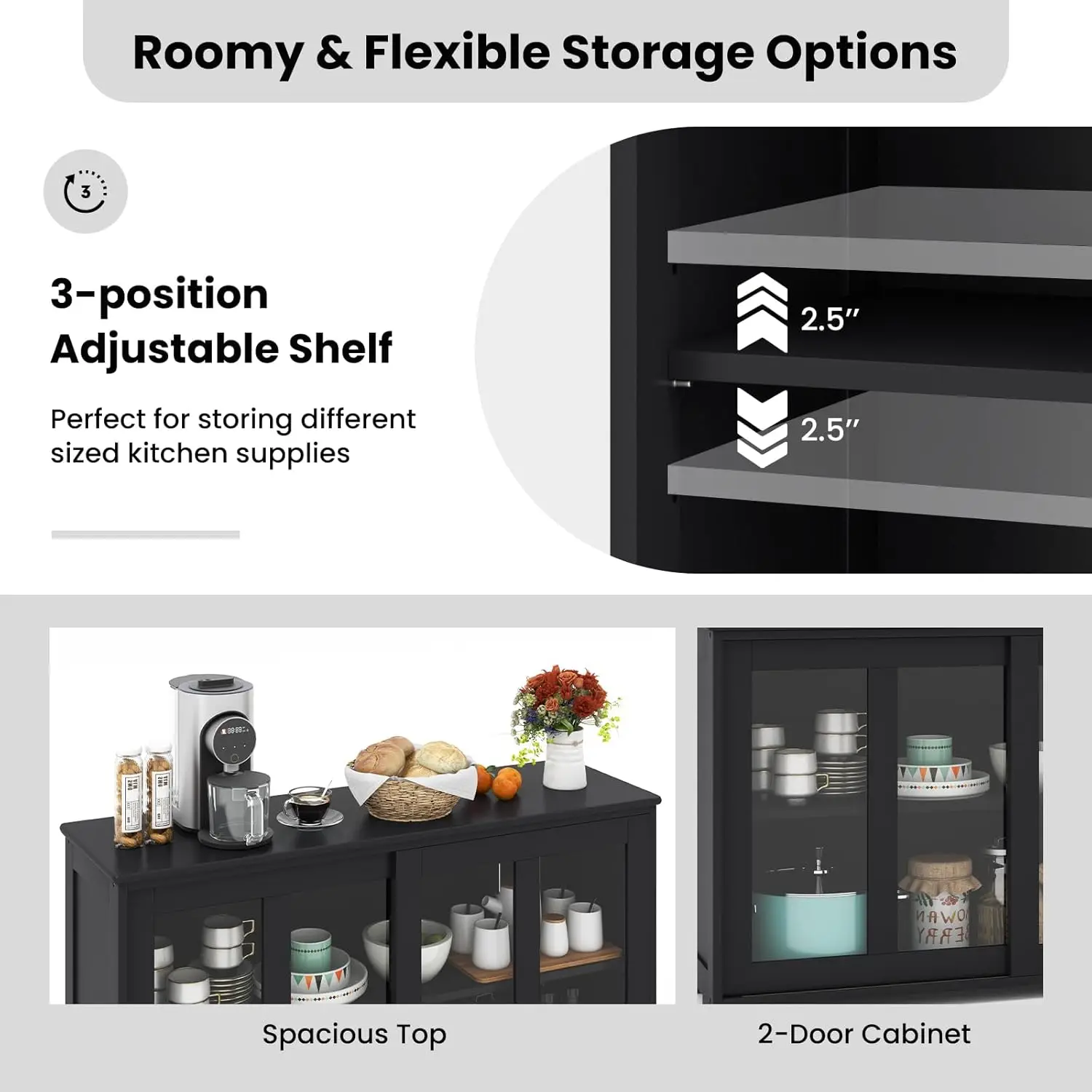 Buffetdressoir met opbergruimte, glazen schuifkast met 2 deuren, verstelbare plank, stapelbare keuken- en entreekast (zwart)