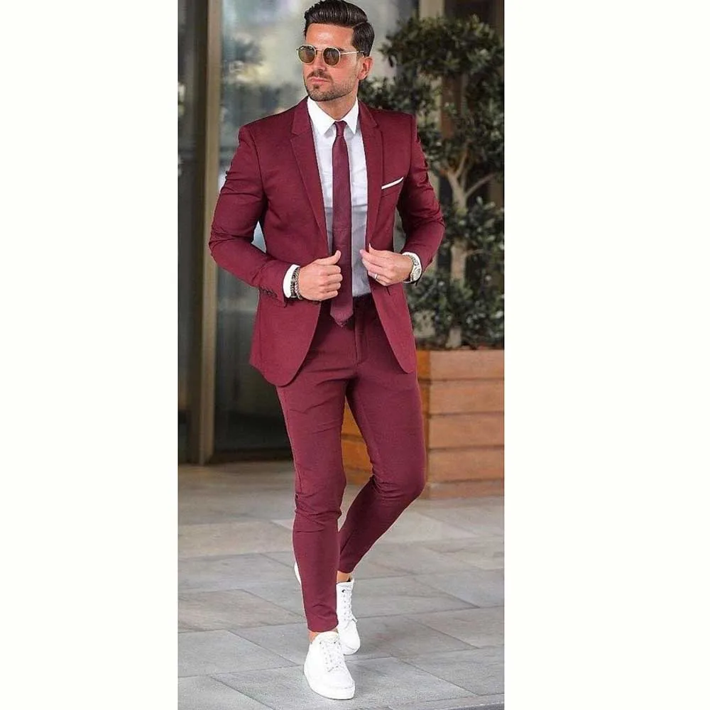 

Formal Smart Burgundy Suits for Men Notch Lapel Two Piece Jacket Pants Blazer Sets Business Gentleman Slim Fit Male Clothing