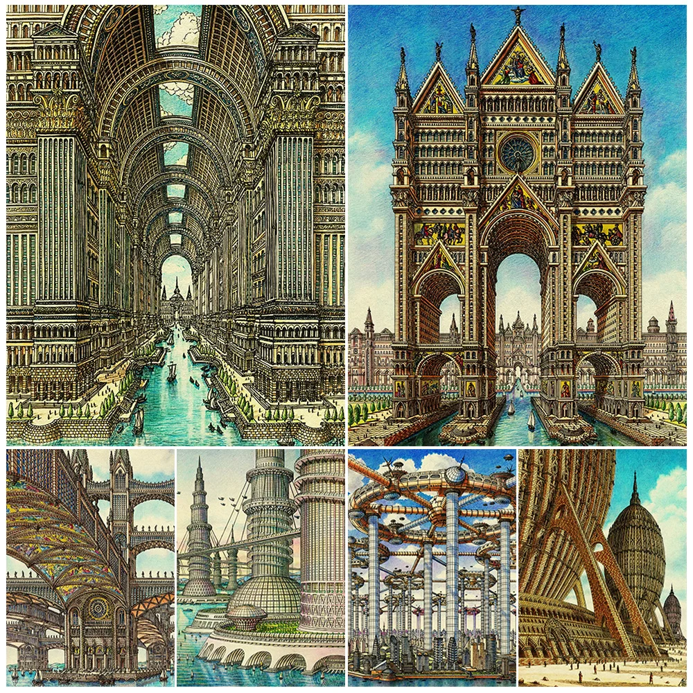 Cartoon City Building Structure Poster Wall Art Canvas Painting Home Decor Posters Wall Pictures For Living Room Unframed