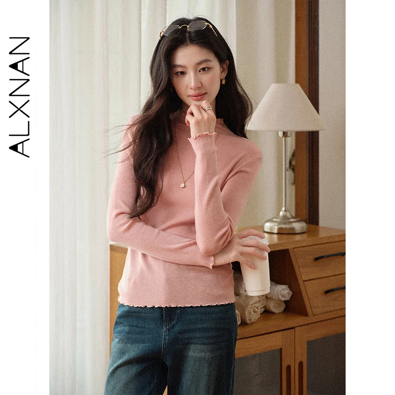 ALXNAN-suéter de lana rosa para mujer, prenda de punto de manga larga con cuello redondo y orejas de madera, jerséis de manga larga para otoño 2025, L578115-1