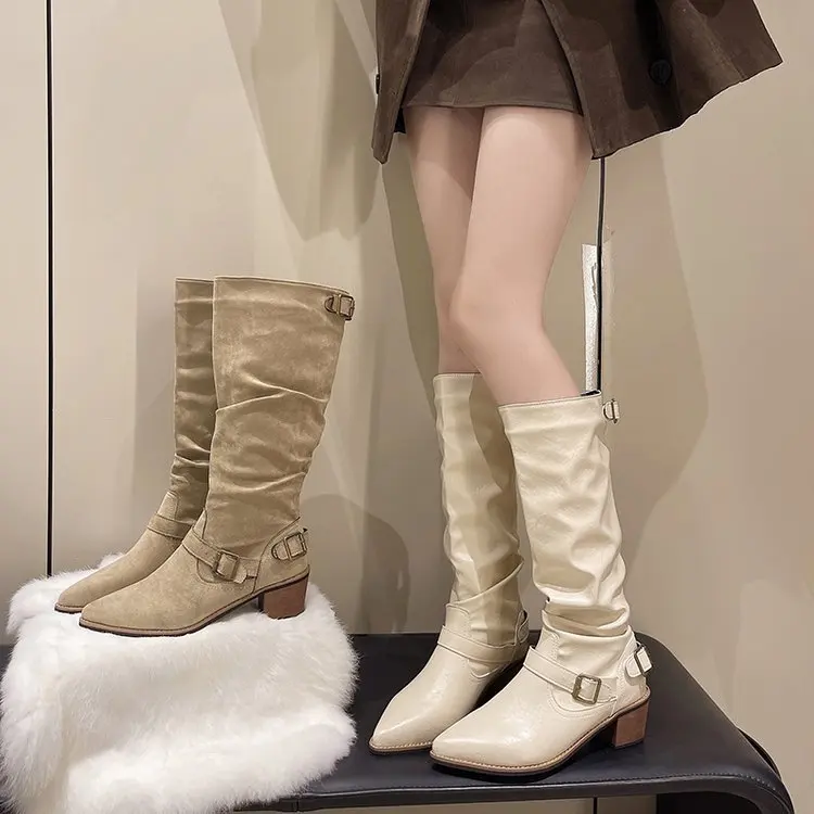 

White High-Top Boots Women's Pointed-Toe Knight Style Chunky Heel Boots Korean Style Winter Fashion Thin Lengthening