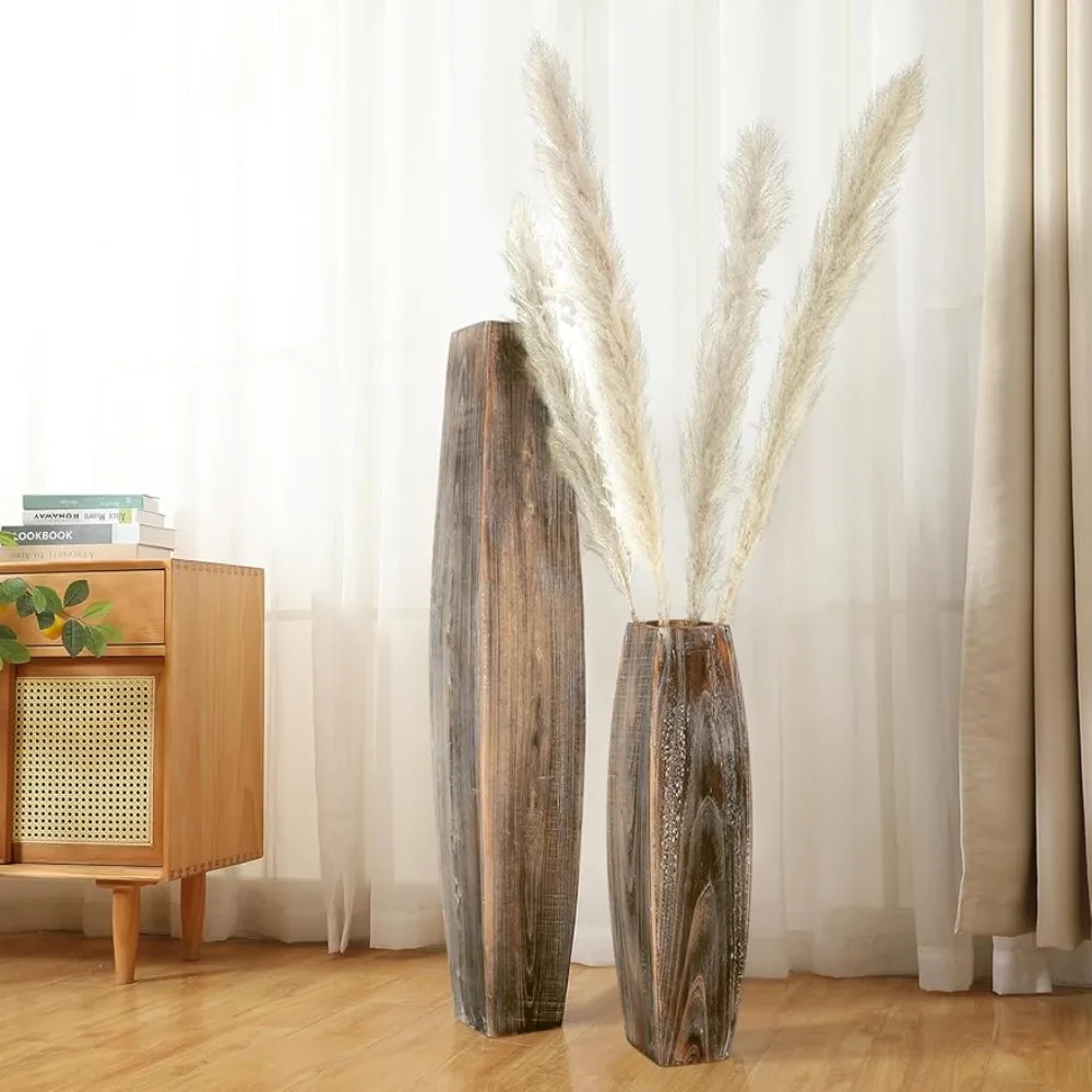 2 Pcs Tall Floor Wooden Vases Large White Washed Fireplace Vases for Artificial Flowers Living Room Bedroom Freight Free Vase