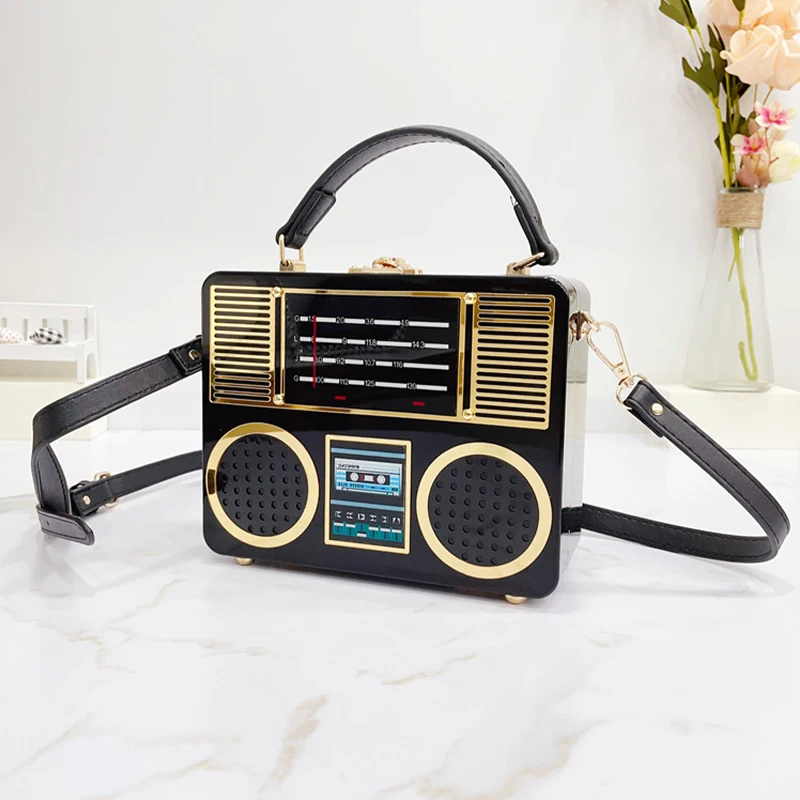 Classic Radio Tape Acrylic Clutch Handbags with PU Leather Top Handle Women Creative Evening Party Messenger Purse Shoulder Bags