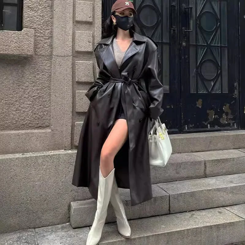 Autumn and Winter Faux Leather Trench Coat Women's High-end Style Black Mid-long Coat Vintage Loose Coat