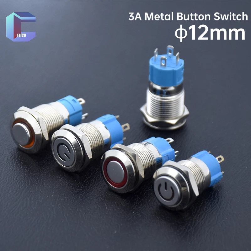 12mm Metal Push Button Switch Waterproof Momentary Self-Lock Reset 1NO  With LED Lights Ring LED Power Sign 4pin Red Blue