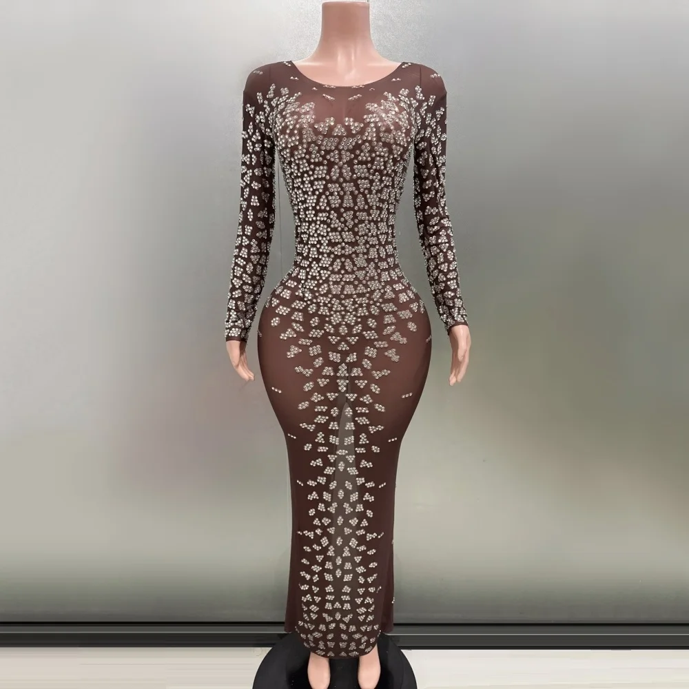 

Shinning Diamonds Long Sleeve Sexy See-Through Sheath Dress Evening Party Performance Costume Bar Nightclub Singer Stage Wear