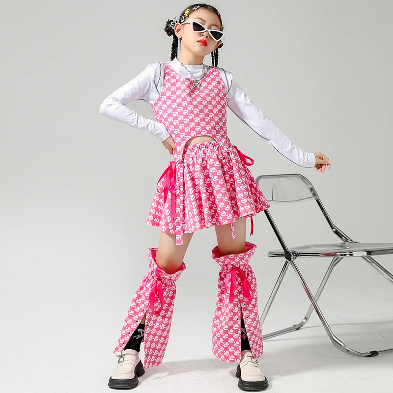 Costumi di danza Jazz di capodanno per ragazze top rosa gonne Streetwear bambini sala da ballo Hip Hop Dance Rave vestiti DQS14704