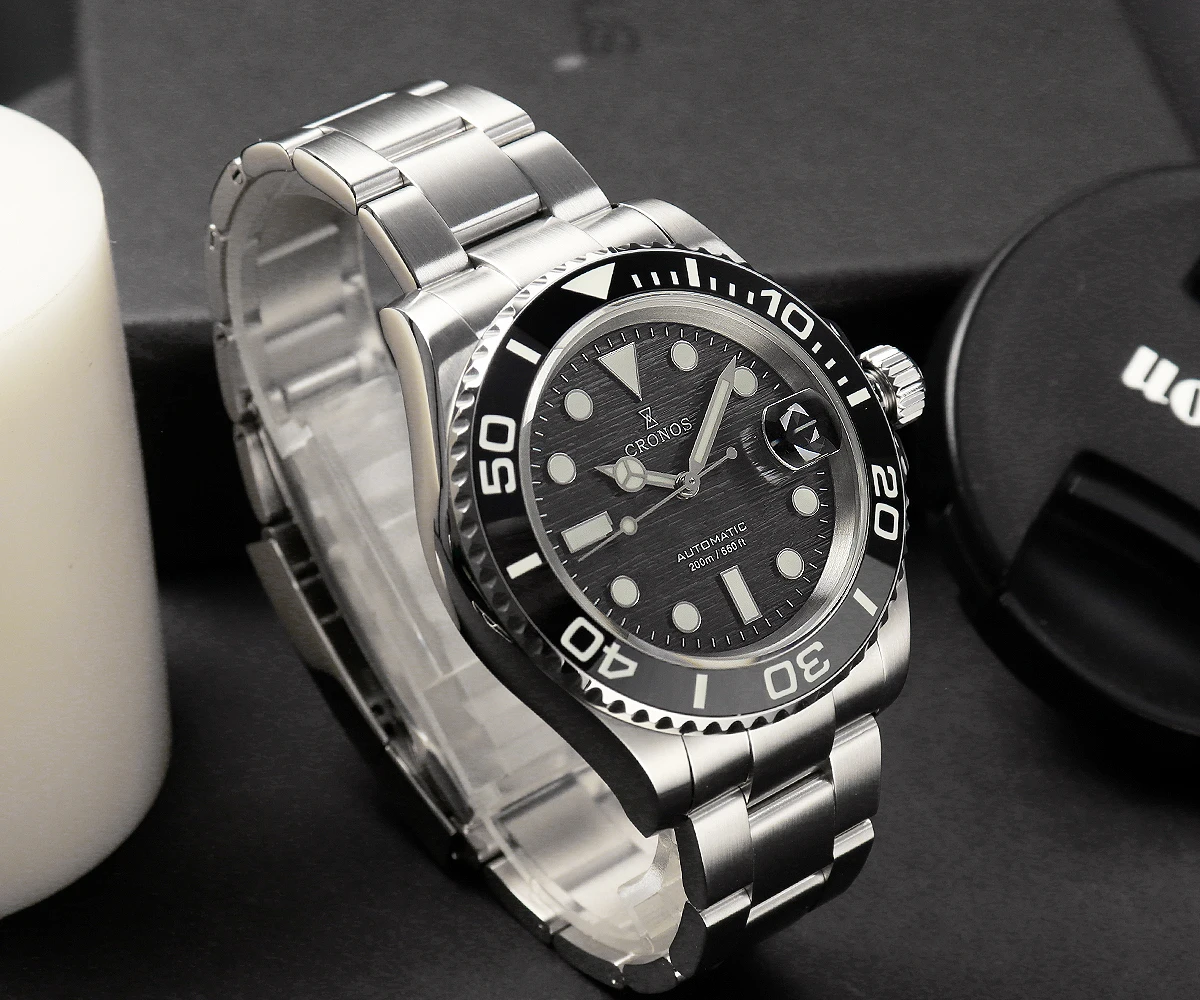 Cronos Sub Diver Men Watch Stainless Steel PT5000 Ceramic Bezel 200 meters Water Resistant Glideclasp L6005M Dial Patterm