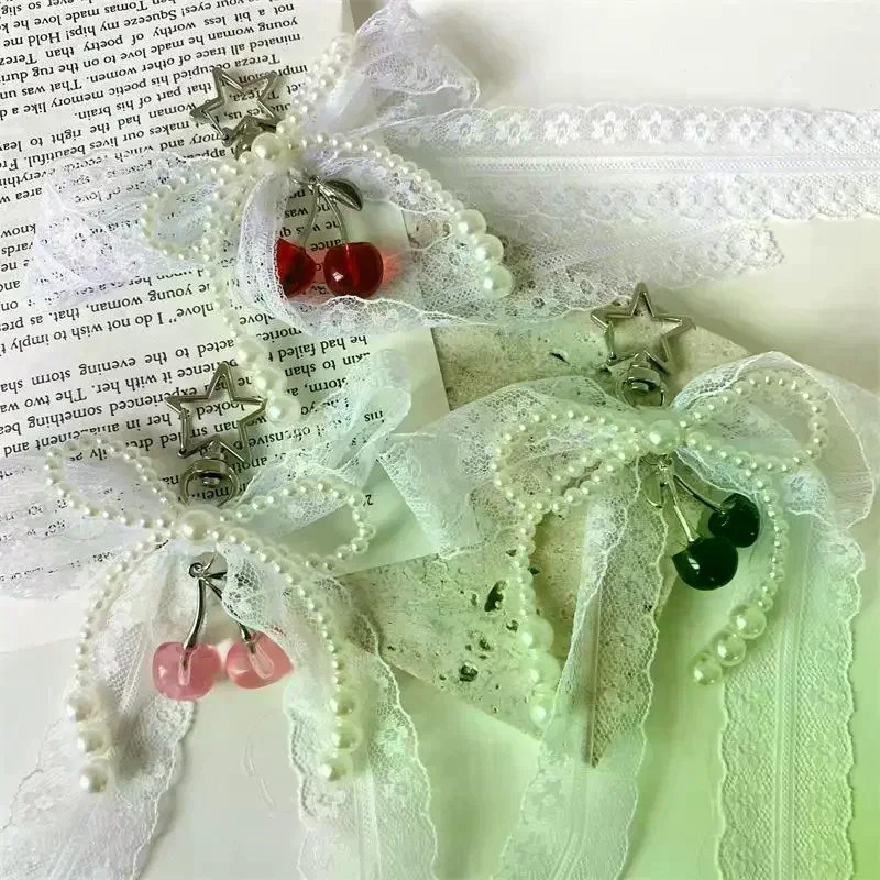

Милый сладкий кружевной жемчужный бант с вишневой звездой, брелок с пряжкой, подвеска на рюкзак, подвесная цепочка для телефона, модная сумка, аксессуары для девочек, подарок
