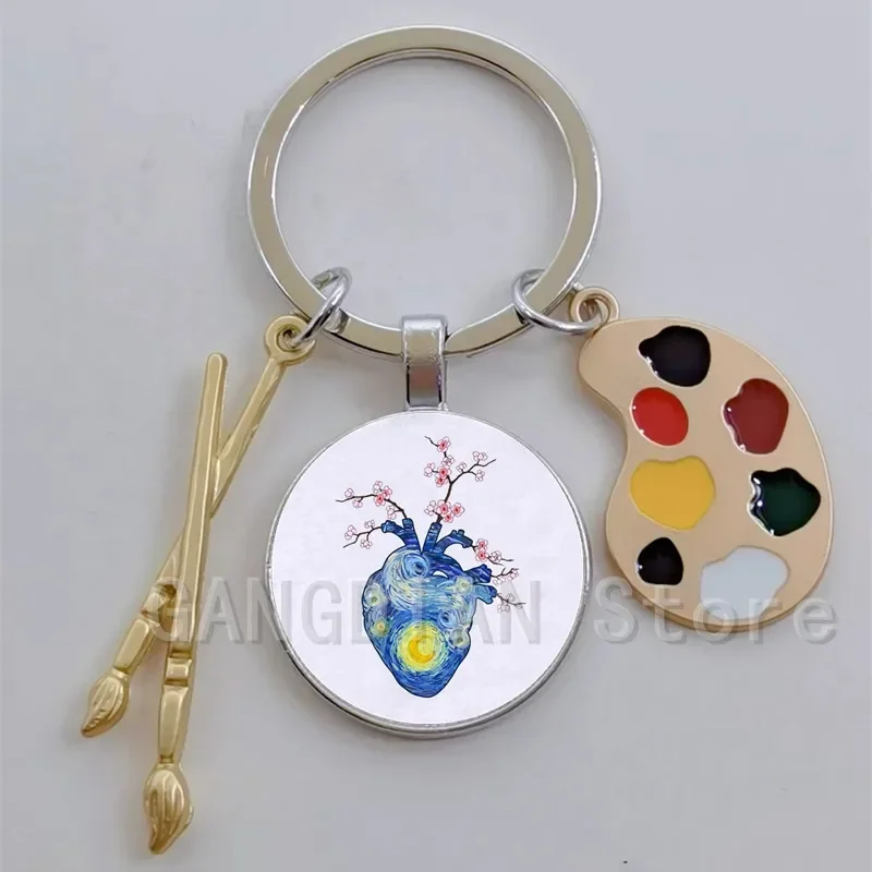 Drip oil palette accessories starry sky illustration, Van Gogh starry sky retro art Van Gogh sunflower aesthetic keychain gift