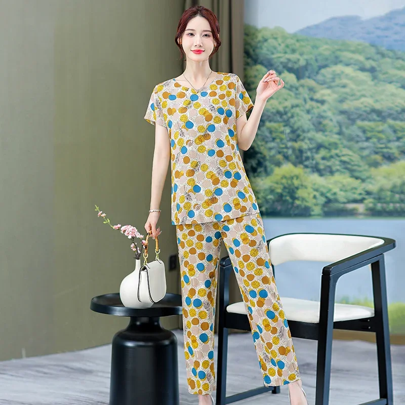 Summer Elegant Pant Sets for Women Blouses 2023 New Vintage Print 2 Piece Sets Women Outfit Casual Korean Style Summer Clothes