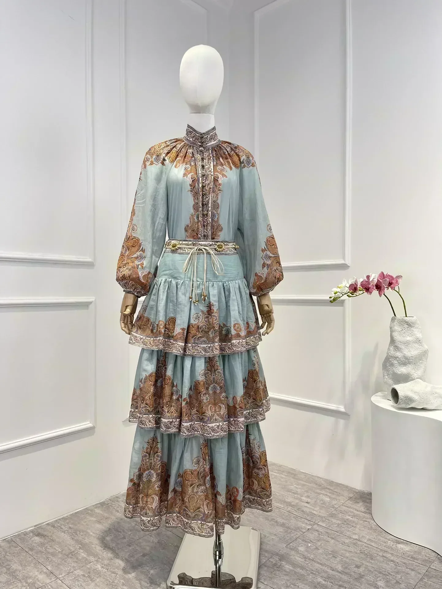 Pajarita auto 2024, falda Midi plisada en cascada con estampado de Cachemira azul ramio y blusa de manga larga con cuello levantado, conjunto para mujer