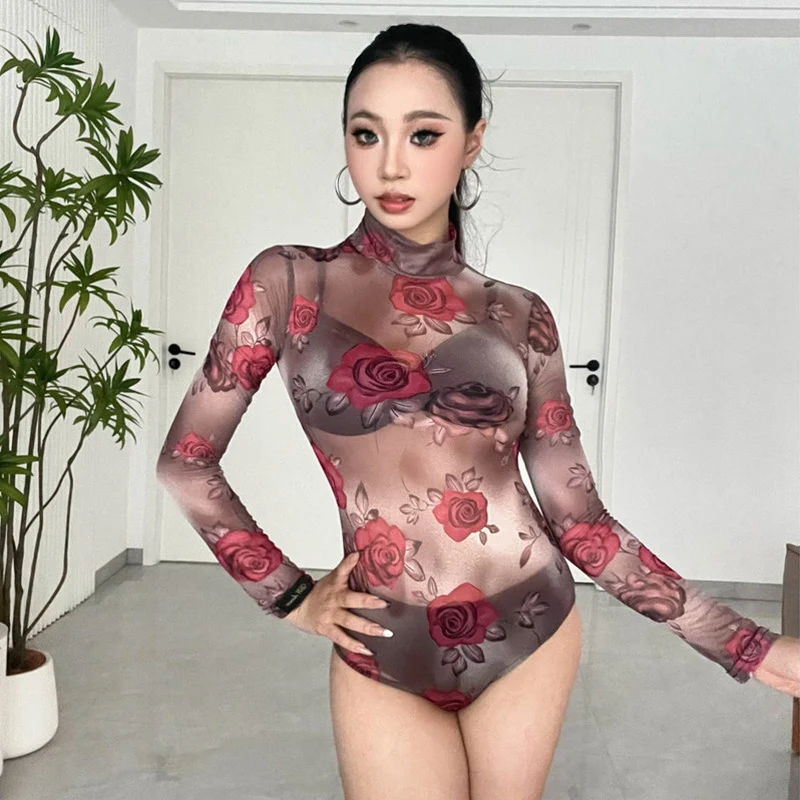 Latin Dance Mesh Jumpsuit Female Adult Long Sleeve High Collar Dance Performance TopsTango Ballroom Practice Bodysuit XH1321