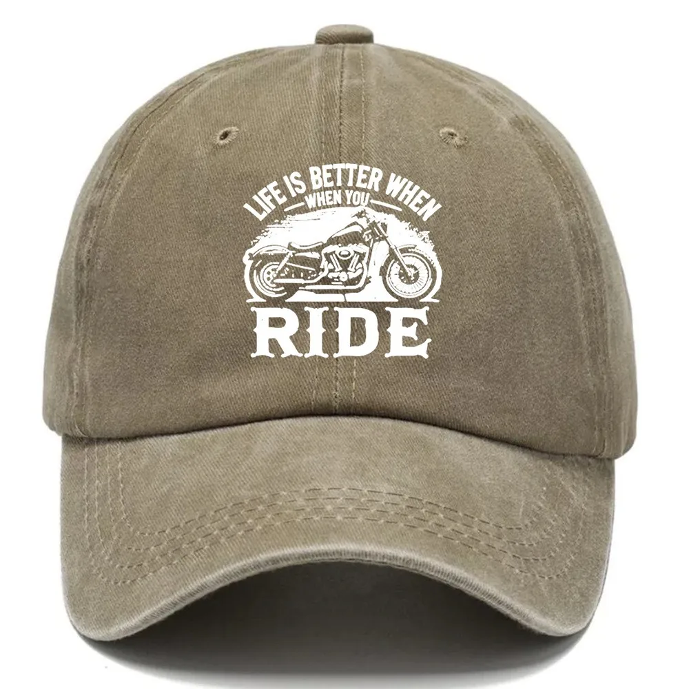 Life Is Better When You Ride Graphic Baseball Cap Washed Cotton Casual Adjustable Hat for Outdoor Daily Wear