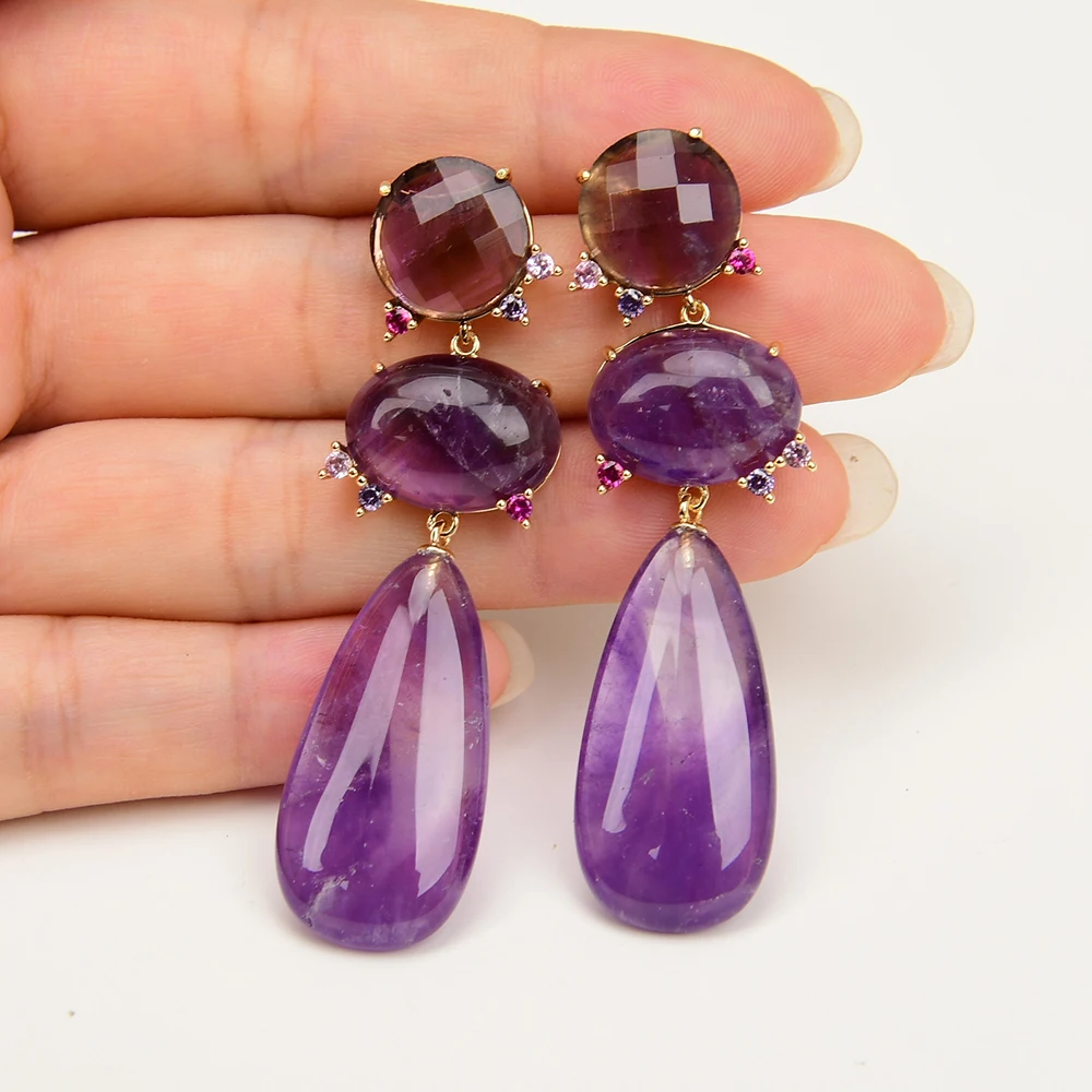 

GG Natural Purple Amethyst Quartz CZ zircon Earrings Gold Plated Luxury Classic Teardrop Wedding Jewelry Gifts