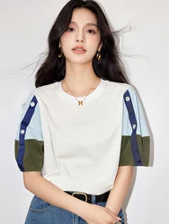 Women's Fashion Summer Casual T Shirt Short Sleeve O-Neck Korean Style Splicing Design Tee Loose Tops