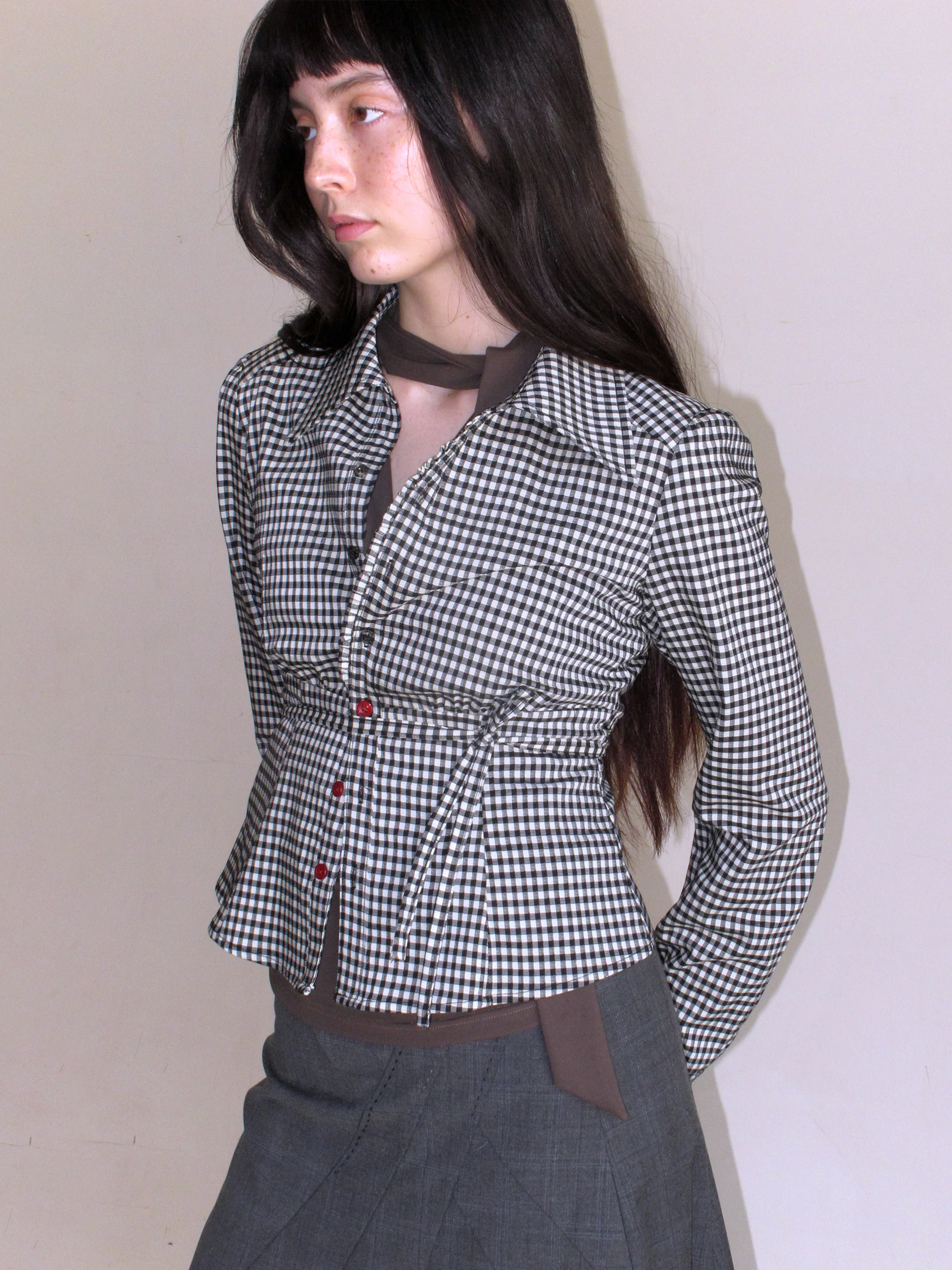 

Mito De Long Sve Acetate Lyocell Slim Fit irt Retro Plaid Color Blo Design Belted Ele Women's Faion irt
