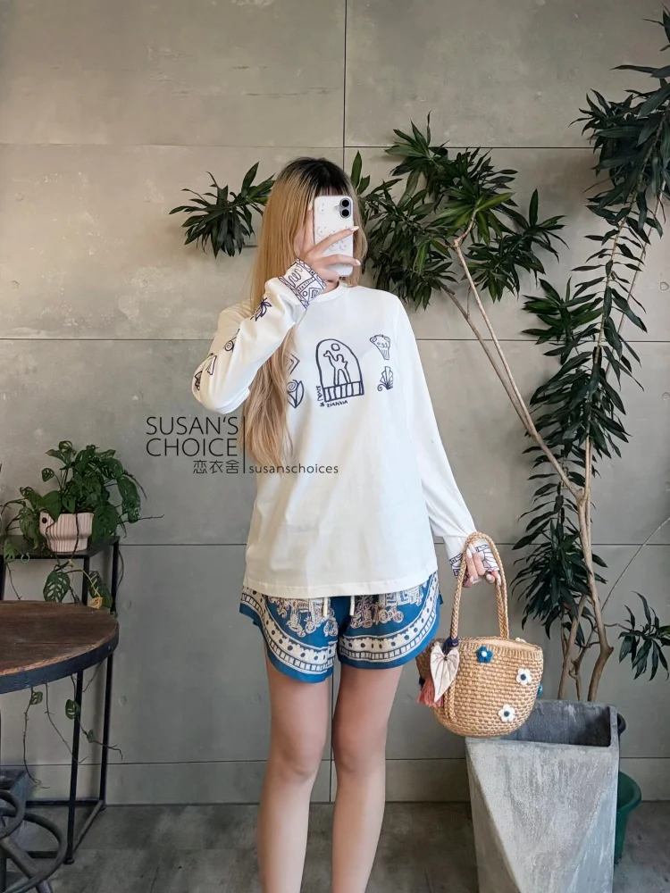 

Susan Australian Faion Casual Cotton Long Sve White Printed T-irt And Linen orts Set Women's Spring Autumn Wear