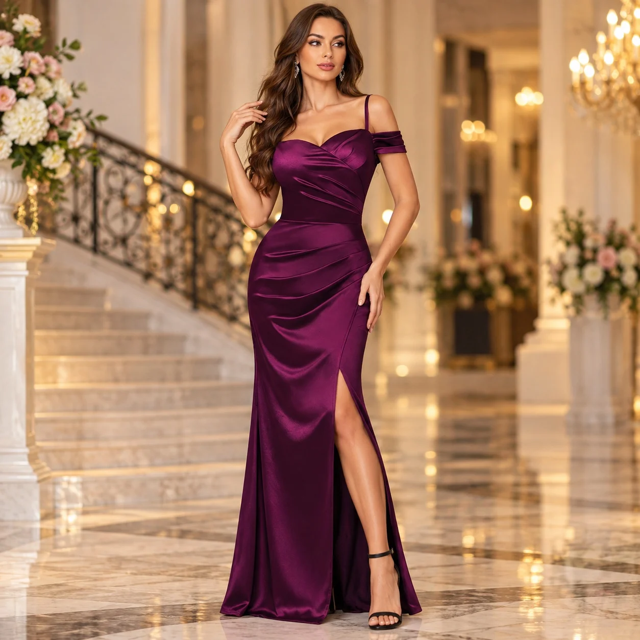 Zipper Slit Gown Maxi Length Private Celebrity Style with Date Long Length Cut Out Party Dress Off Shoulder Slit Dress for Women