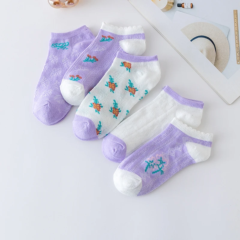 5 Pairs Women's Summer Hollow Breathable and Comfortable Casual Short Socks Small Fresh Purple Flower Women's Socks