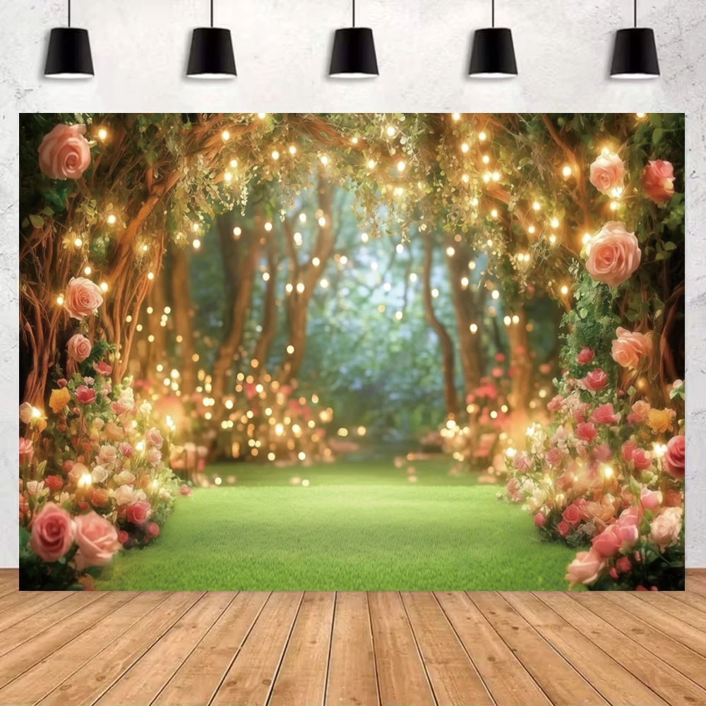 Romantic Dreamy Forest Photography Background Spring Fairy Lights Floral Green Wedding Proposal Ceremony Photo Shoot Backdrop