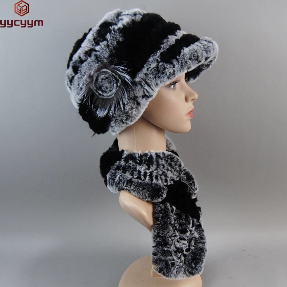 Ensemble bonnet et écharpe en fourrure de lapin Rex véritable pour femme, bonnet en fourrure chaude naturelle, silencieux de qualité pour fille, tricot d'hiver de luxe, 2 pièces