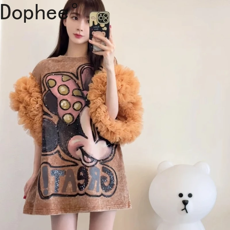 

Fashion Design Sequins Mickey Mid-long T-shirt Dress Summer Oversize Pullover Top Elegant Mesh Puffy Sleeve Women Cotton Tees