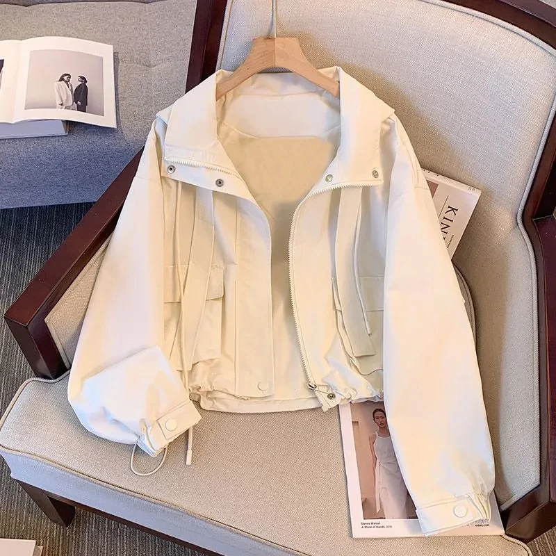 

Short Hooded Jacket Women's Spring Autumn 2025 New Lady Loose Thin Work Jacket Top Solid Casual Student Zipper Outwear
