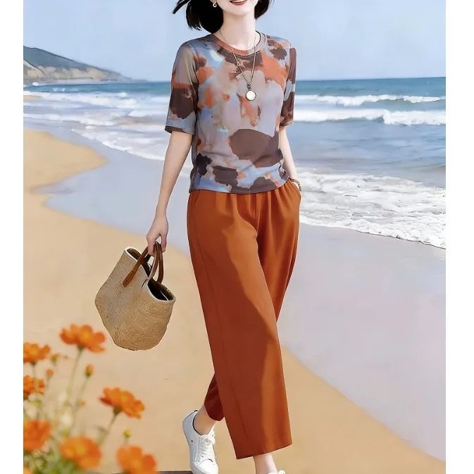 elegant-women's-original-brand-summer-new-fashion-age-defying-mesh-top-nine-piece-pants-two-piece-set-short-sleeve-loose-waist