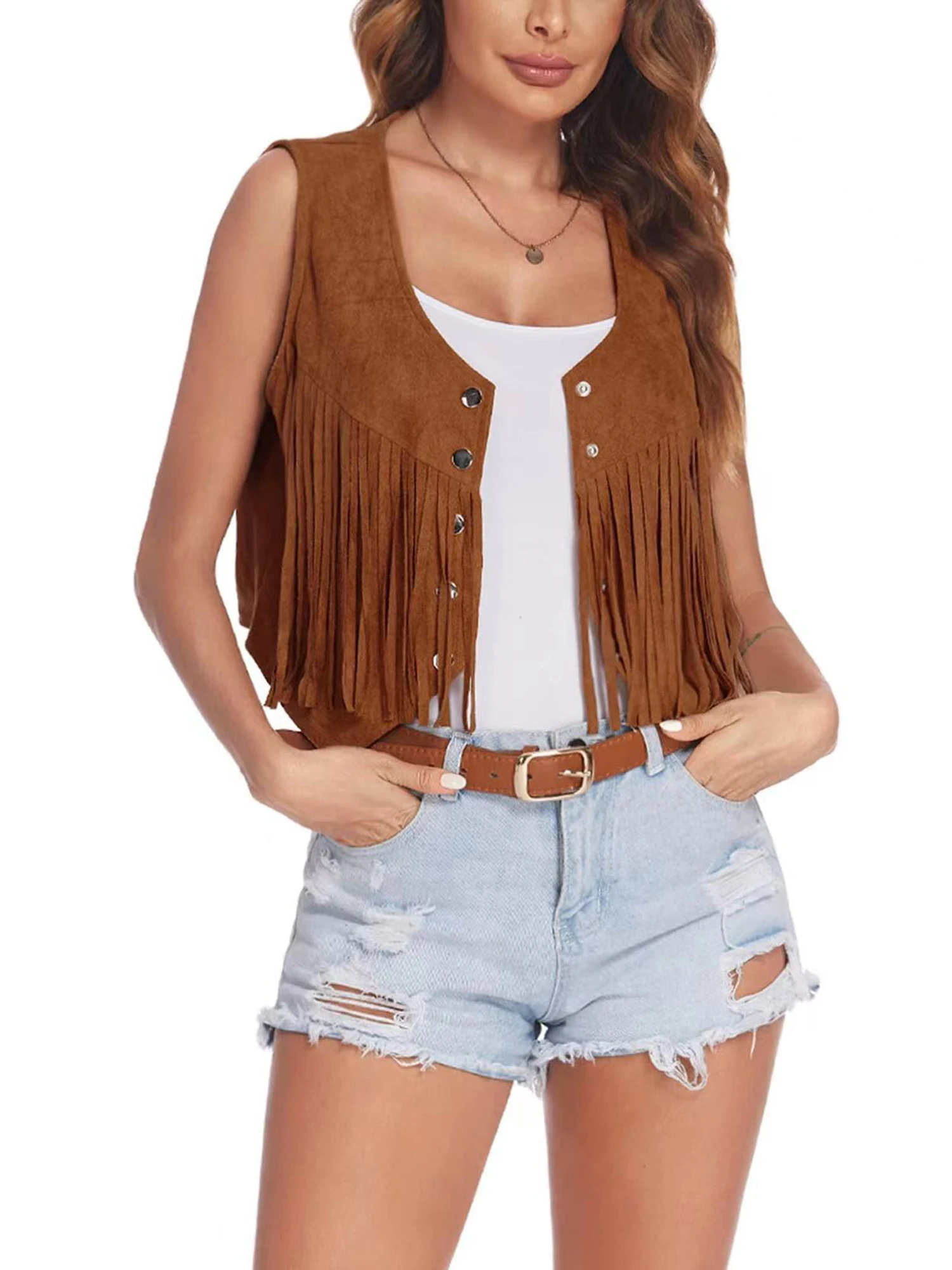 Casual Solid Color Hippie Crop Jacket Women Front Button Sleeveless Tassel Suede Vests Retro Waistcoat Female Tops Streetwear