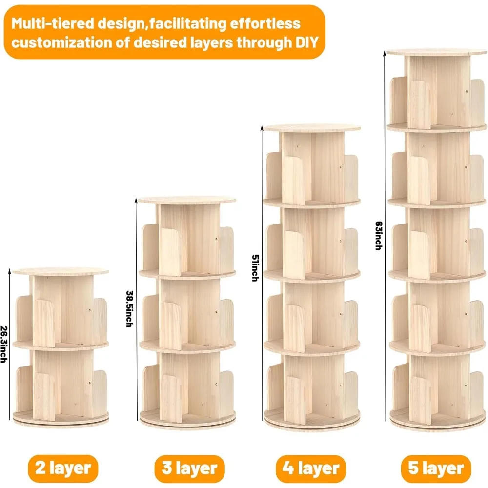 Bibliothèque d'angle de tour rotative pour petit espace, bibliothèque en bois à 5 niveaux, étagère de rangement, affichage 360, T1