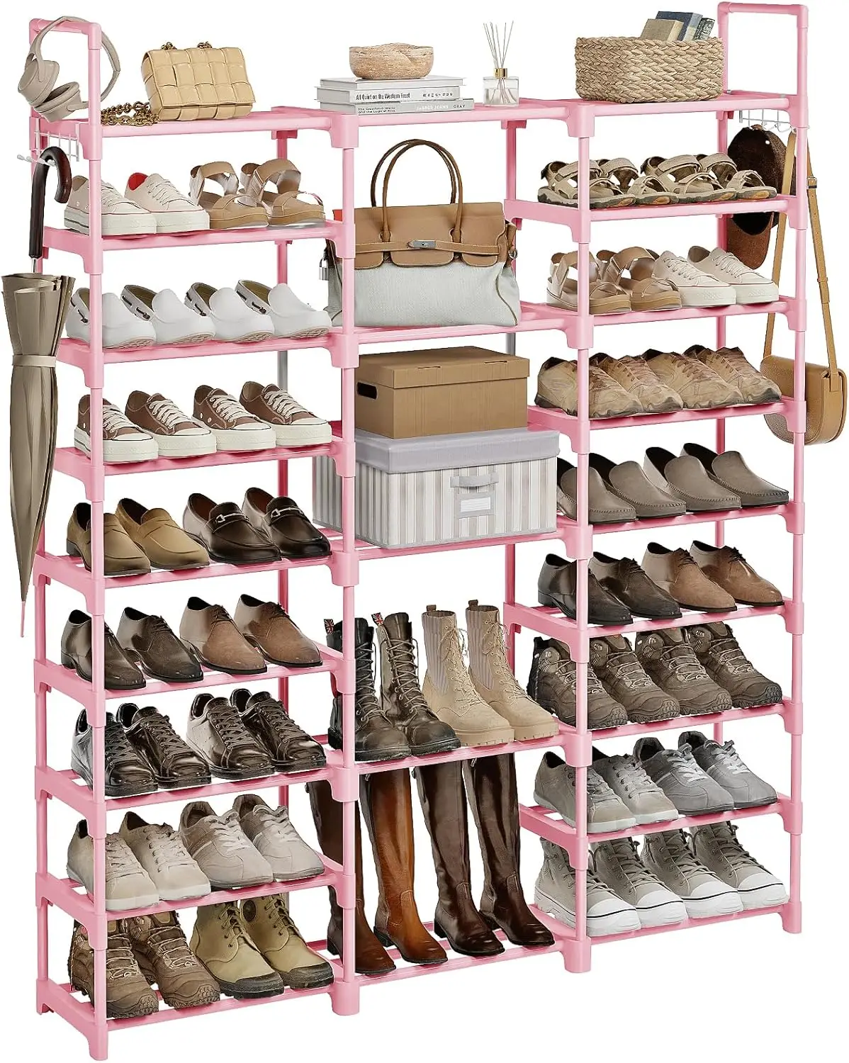 

9-ярусная подставка для обуви на 50-55 пар, прочный металл с пластиковыми соединителями, штабелируемый розовый шкаф