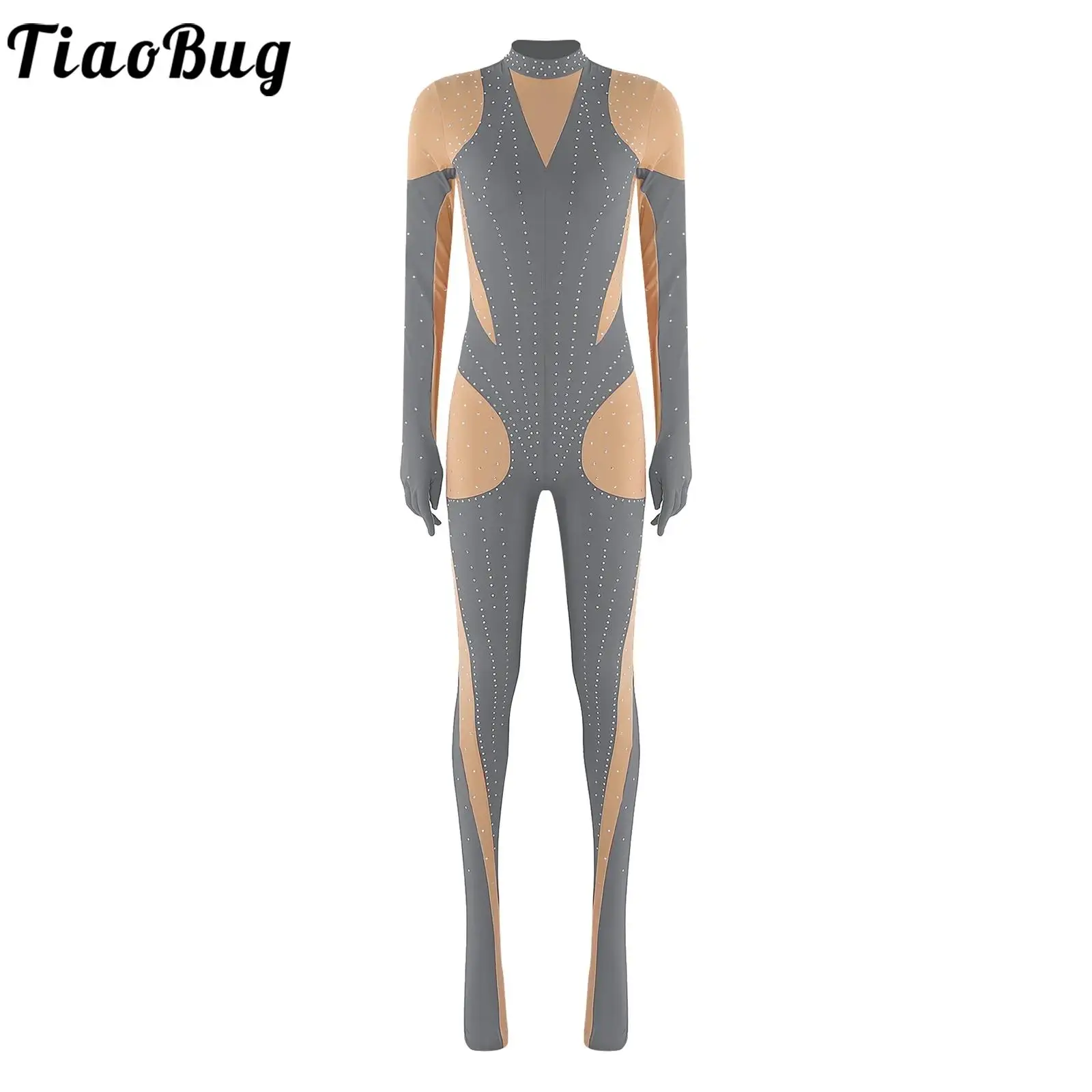 Women Rhythmic Gymnastics Full-body Unitards Acrobatics Dance Contrast Color Full Jumpsuit for Figure Skating Yoga Ballet Dance