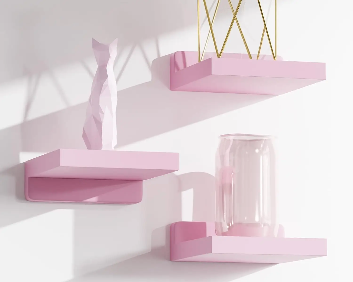 Set of 3 mini 5‑inch floating wall shelves, two installation methods, small hanging display shelves for bathroom, living room and bedroom wall decor.
