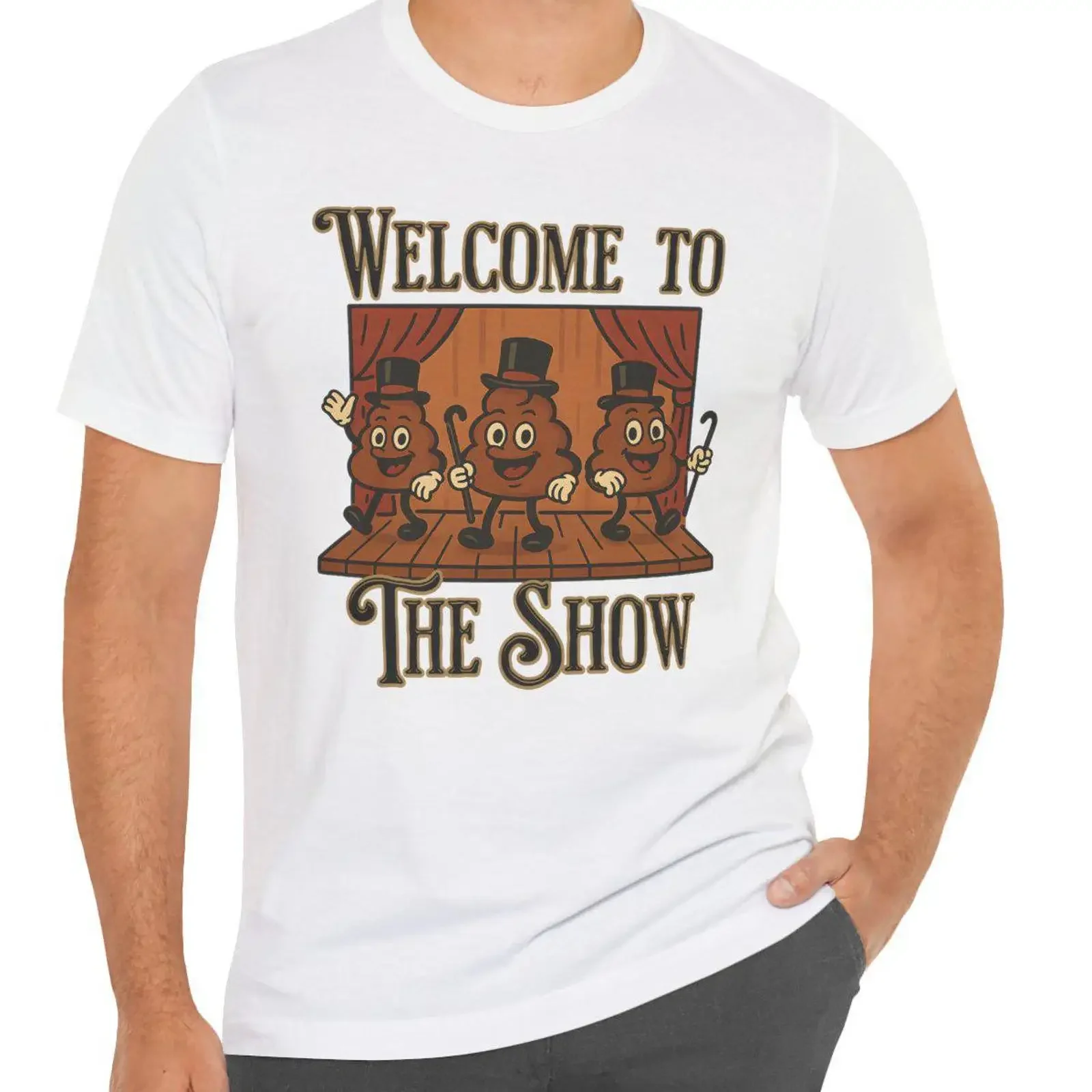 Dancing Poop Cartoon Welcome to the Show T Shirt Funny College Humor vintage Washed designer clothes graphic Versatile