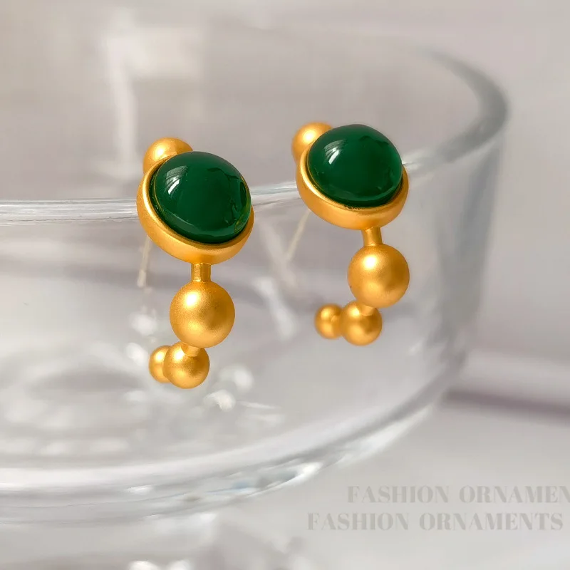 Fashion Jewelry Elegant Temperament Gold Color Green Stone Hoop Earrings For Women Female Gifts Ear Accessories Hot Sale