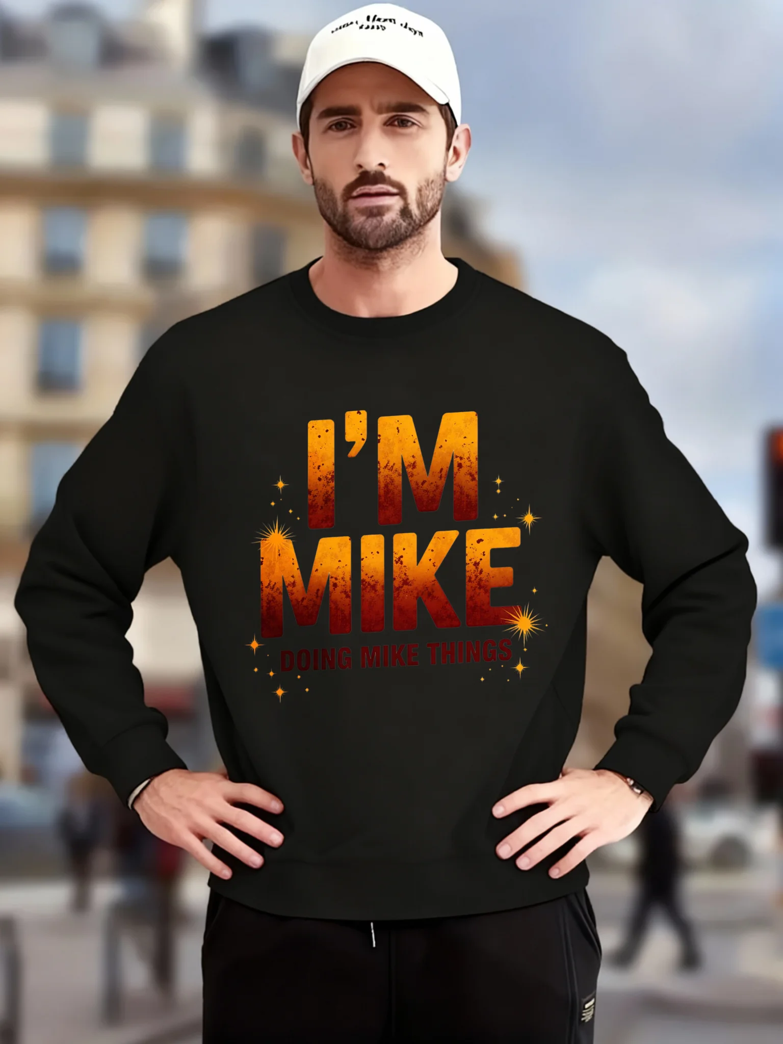 سترة رجالية سوداء بنمط "I'm MIKE DOING NICE Things" - بلوفر شارع بحروف برتقالية #1