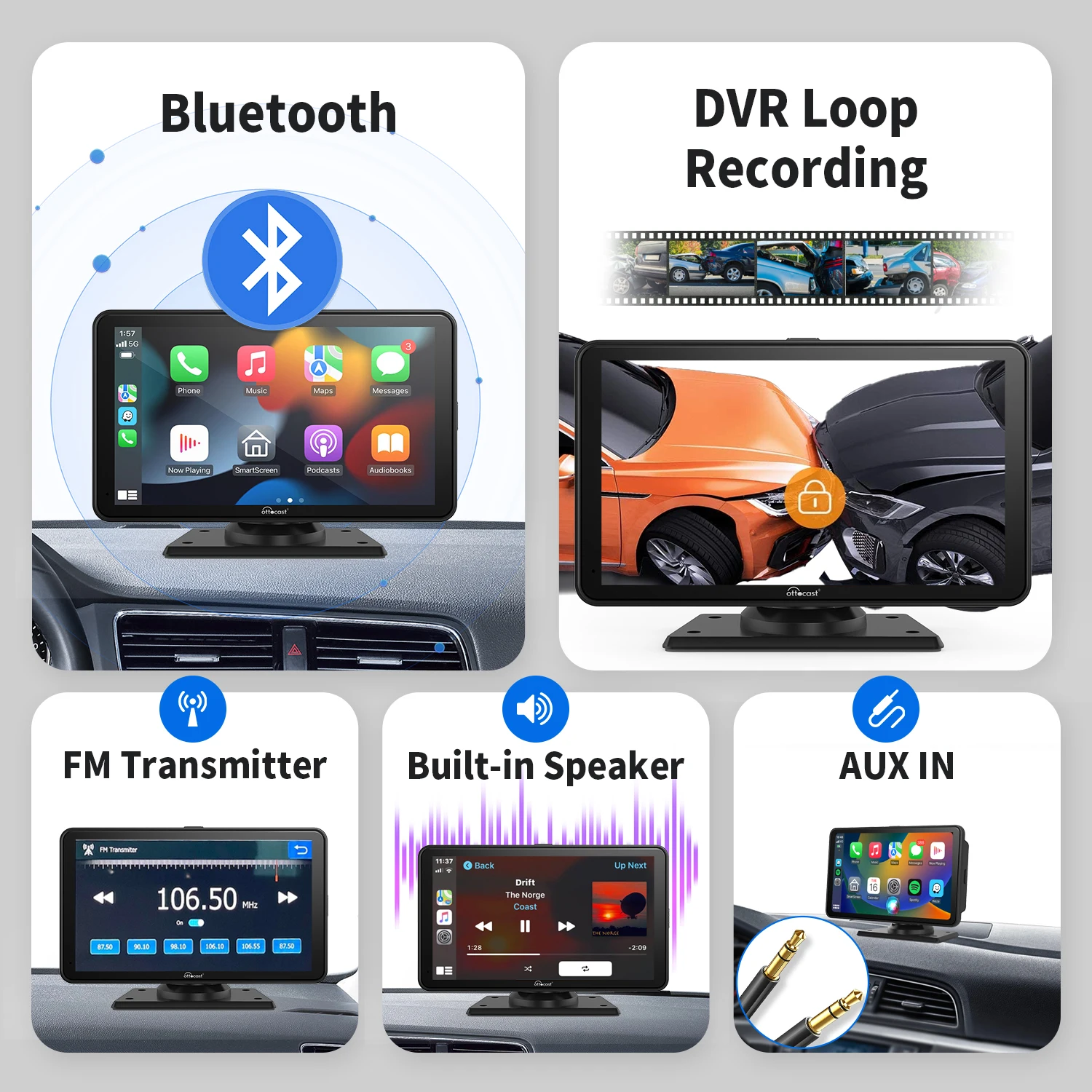 OTTOMOTION Portable CarPlay Screen Car Touchscree Max 7 Inches 2.5K Car Touch Screen Wireless Carplay Android Auto DVR GPS Video