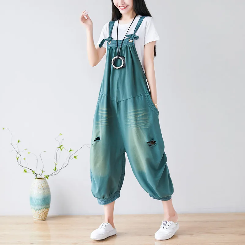 Jumpsuits Women Denim One Piece Suspenders Mom Jeans Overalls Hole Wide Leg Long Pants High Waist Work Y2k Streetwear Rompers