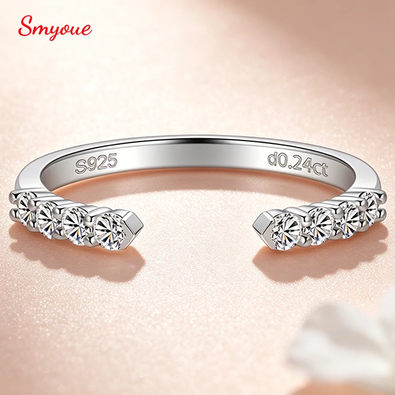 Smyoue 2mm Open All Moissanite Rings for Women Stackable Classic Wedding Band D Color Halo Band Pure S925 Silver Fine Jewelry
