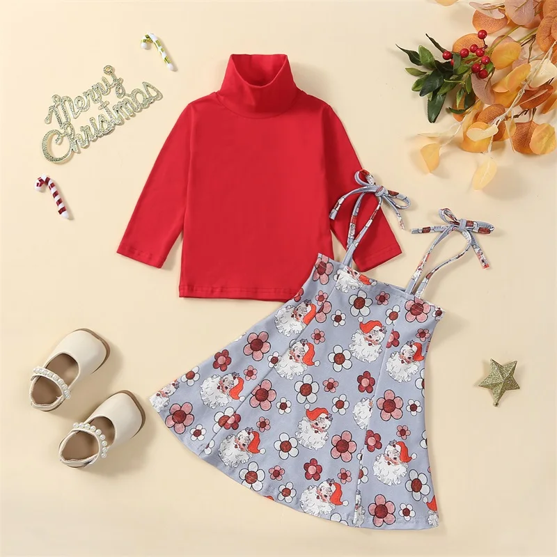 

Girls Winter Holiday Outfit Cozy Long Sleeve Turtleneck Top with Festive Reindeer Print Skirt Set Christmas Costume