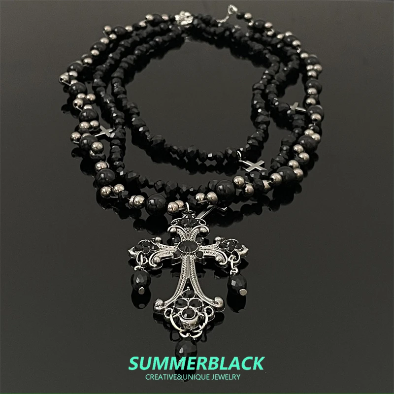 

HQ Gothic Cross Pendant Necklace for Women Sweater Chain High Quality Choker Multi Layer Overlapping Black Bead Necklace Jewelry