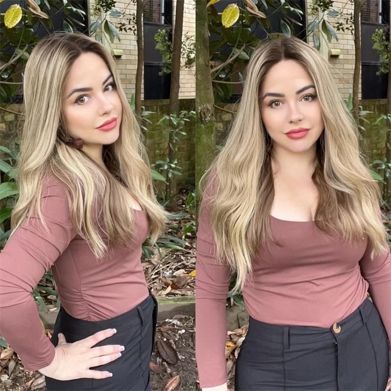 Ash Blonde Highlight Synthetic HD Lace Front Wig 13x4 Colored Silk Loose Wave Glueless Wig Dark Roots Blonde Wig For Women Daily