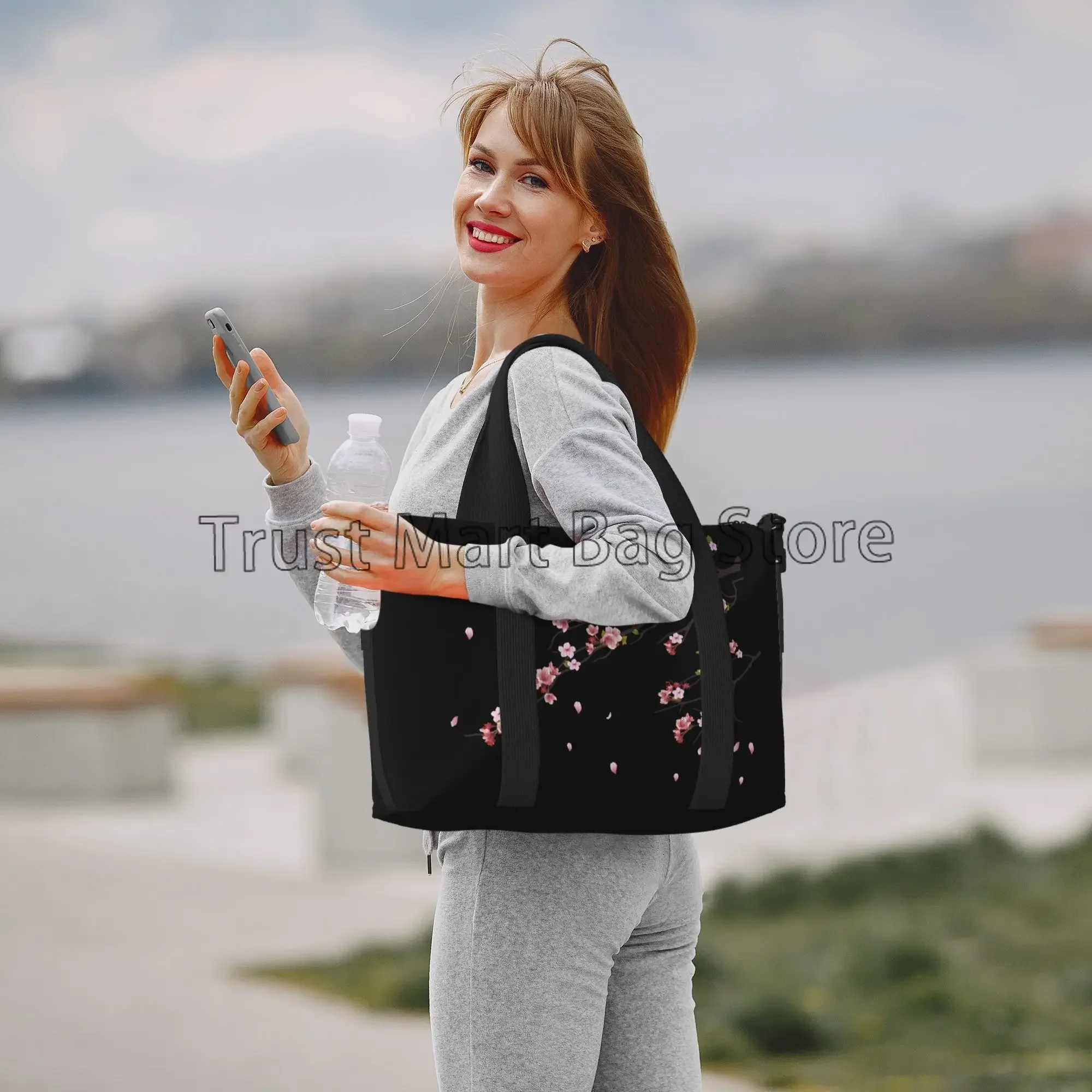 Japanese Sakura Cherry Blossoms Black Travel Bag Women Weekender Overnight Bags Unisex Casual Waterproof Luggage Bag