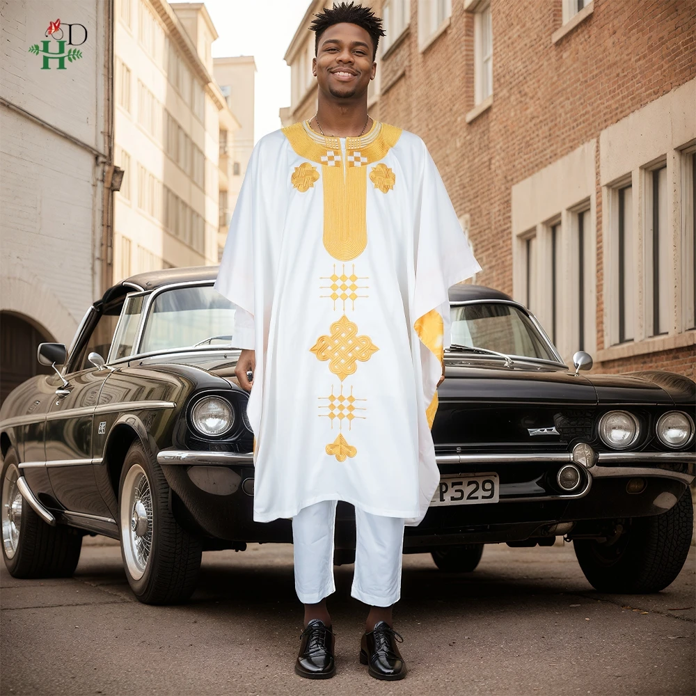 

Африканский мужской традиционный комплект из 3 предметов, белый халат Agbada с вышивкой, большие размеры для свадебной церковной фестивальной церемонии