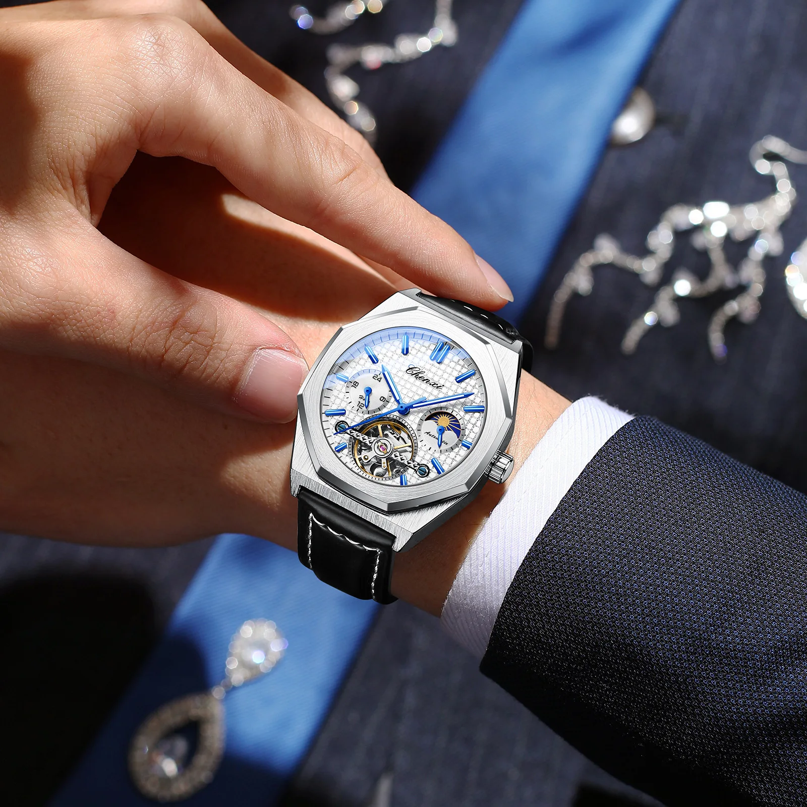 2026 new steel belt men's watch high-end flywheel sun, moon and stars octagonal fully automatic mechanical watch men's watch