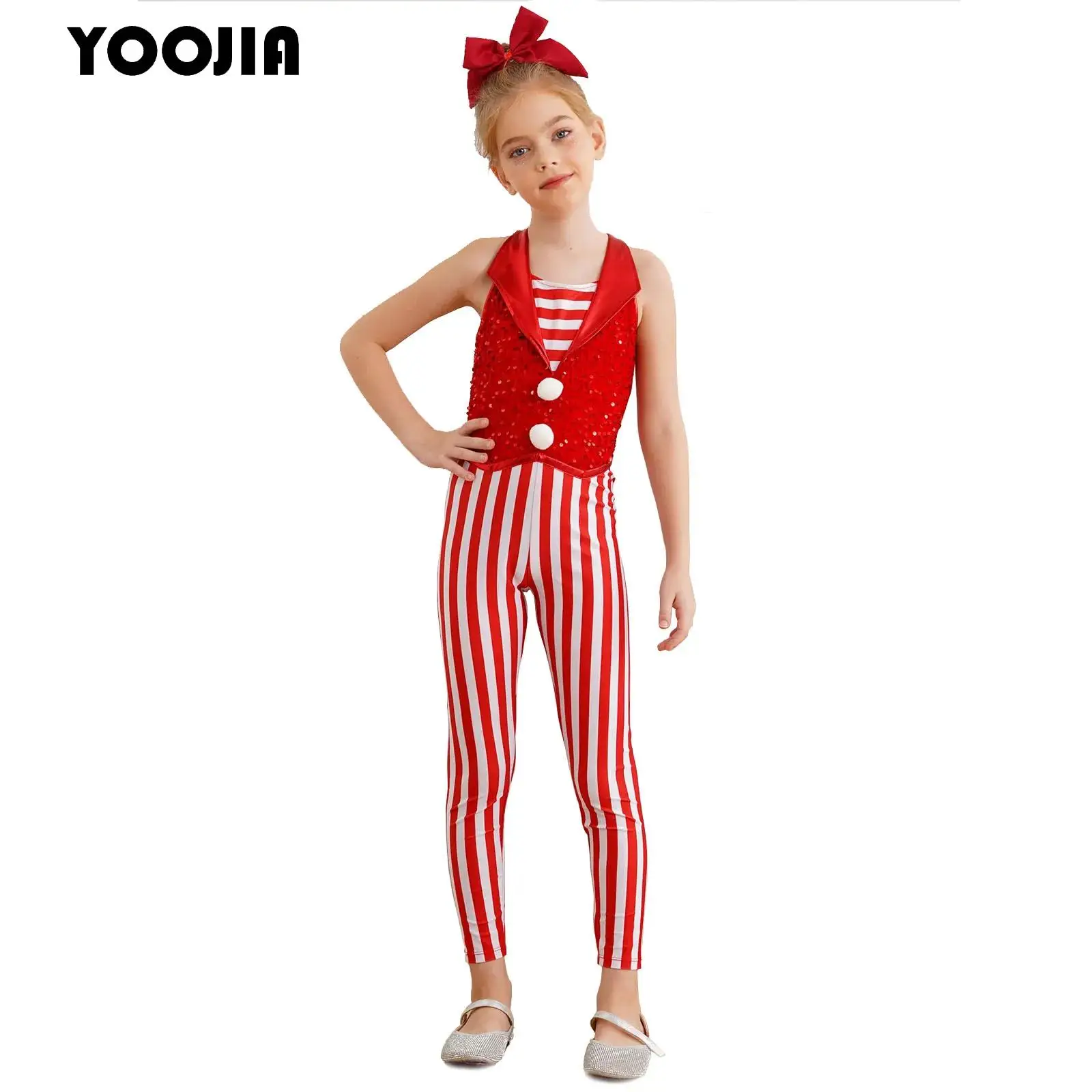 

Kids Girls Candy Cane Striped Sequins Jumpsuit Full Bodysuit Christmas Ballet Dance Gymnastics Figure Skating Leotard Costume